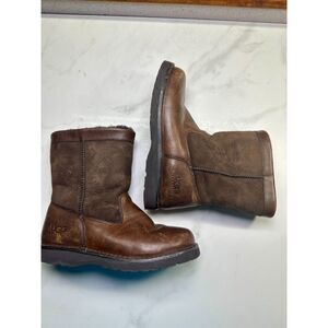 Ugg Australia Brown Leather & Shearling Short Boots, Size 4 5263, Winter Y2K